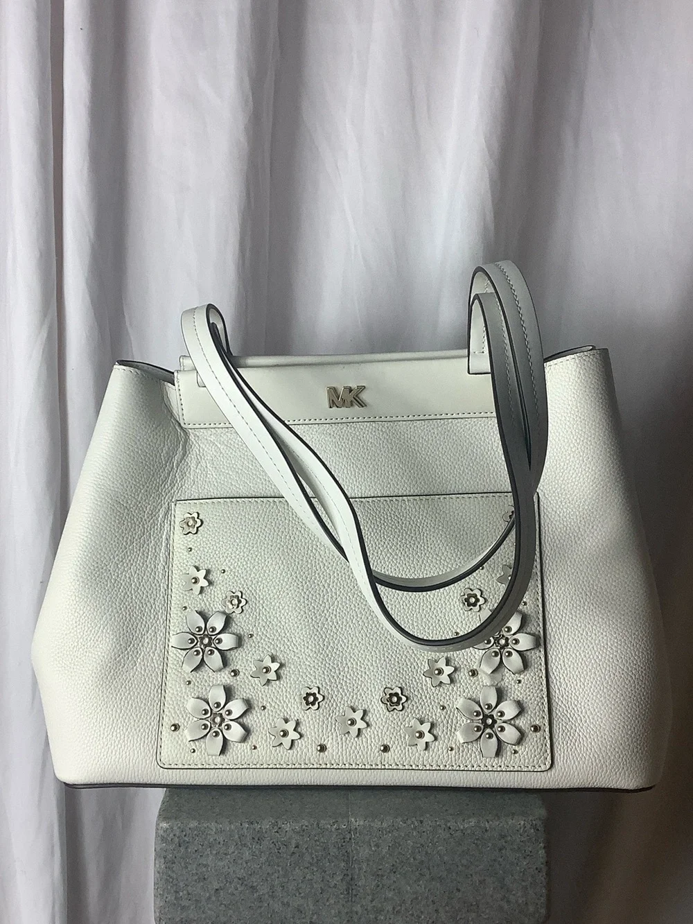 Michael Kors White Floral Cutout Leather Tote with Gold Logo